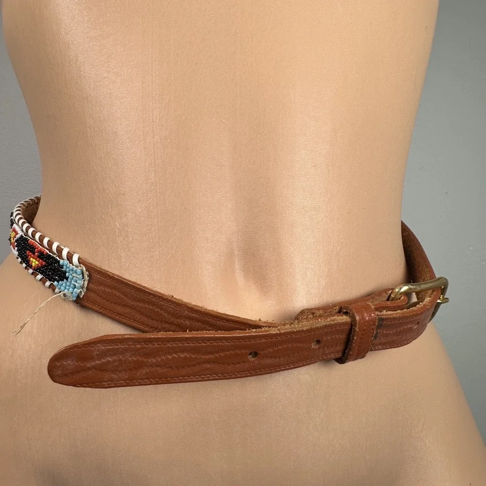 Womans Indian Hand Beaded Leather Belt Adjustable Bird Colorful